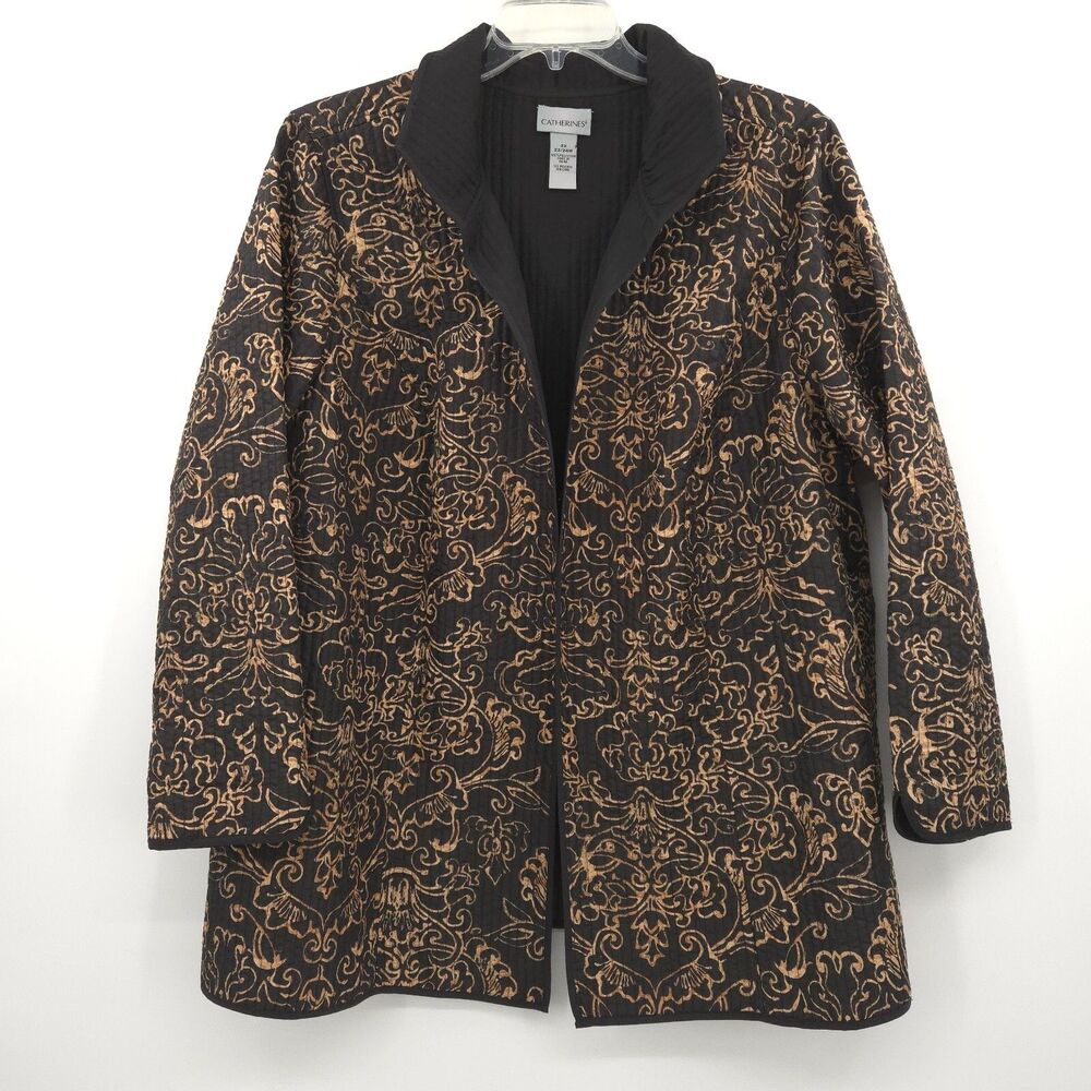 Catherines quilted‎ lightweight open jacket womens Size 2X black & gold